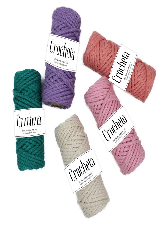 CROCHETA خيوط كروشيه ثلاثية الطبقات ملتوية للمكرمية، 20 متر لكل لون، خيط قطني 4 مم للمكرمية DIYMacrame Combo (خوخي - أخضر بحري - وردي فاتح - أبيض كريمي - بنفسجي - 5). - Image 1